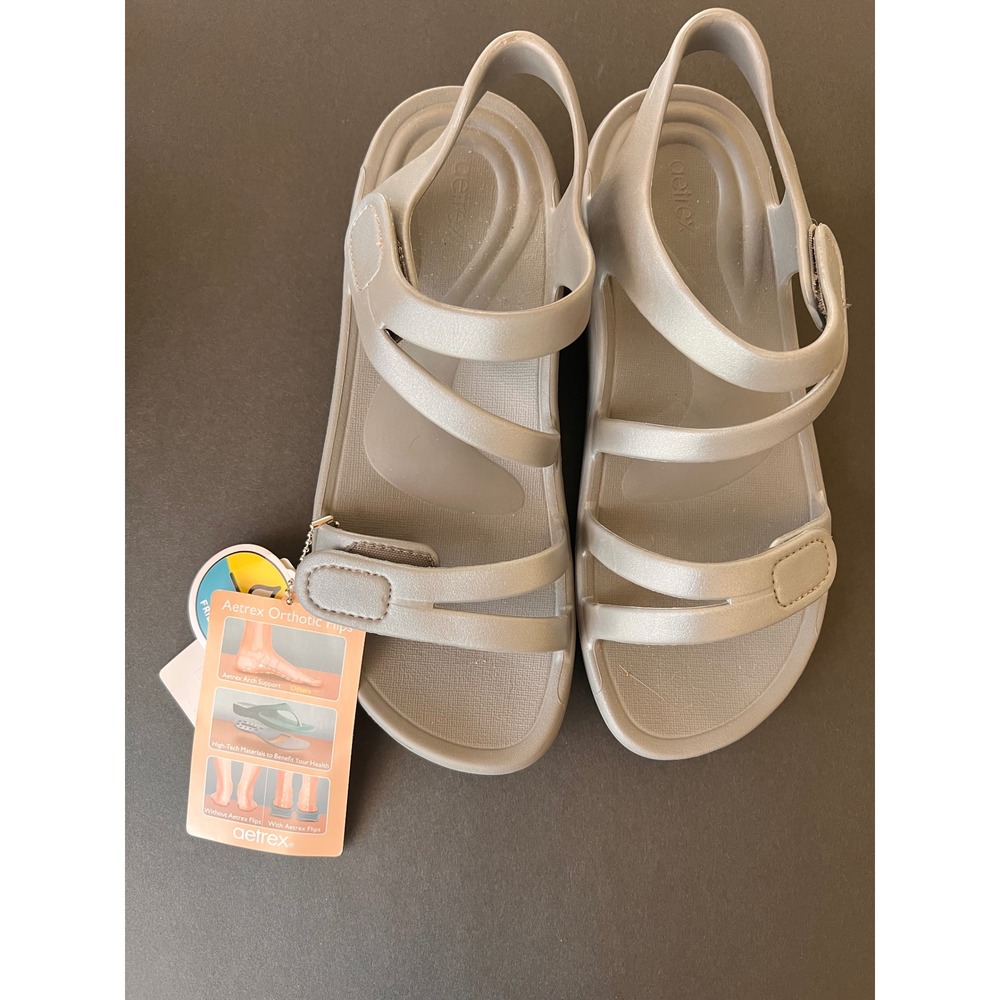 Aetrex Jillian Sport Grey Metallic Orthotic Water Friendly Sandals Womens 10 NEW
